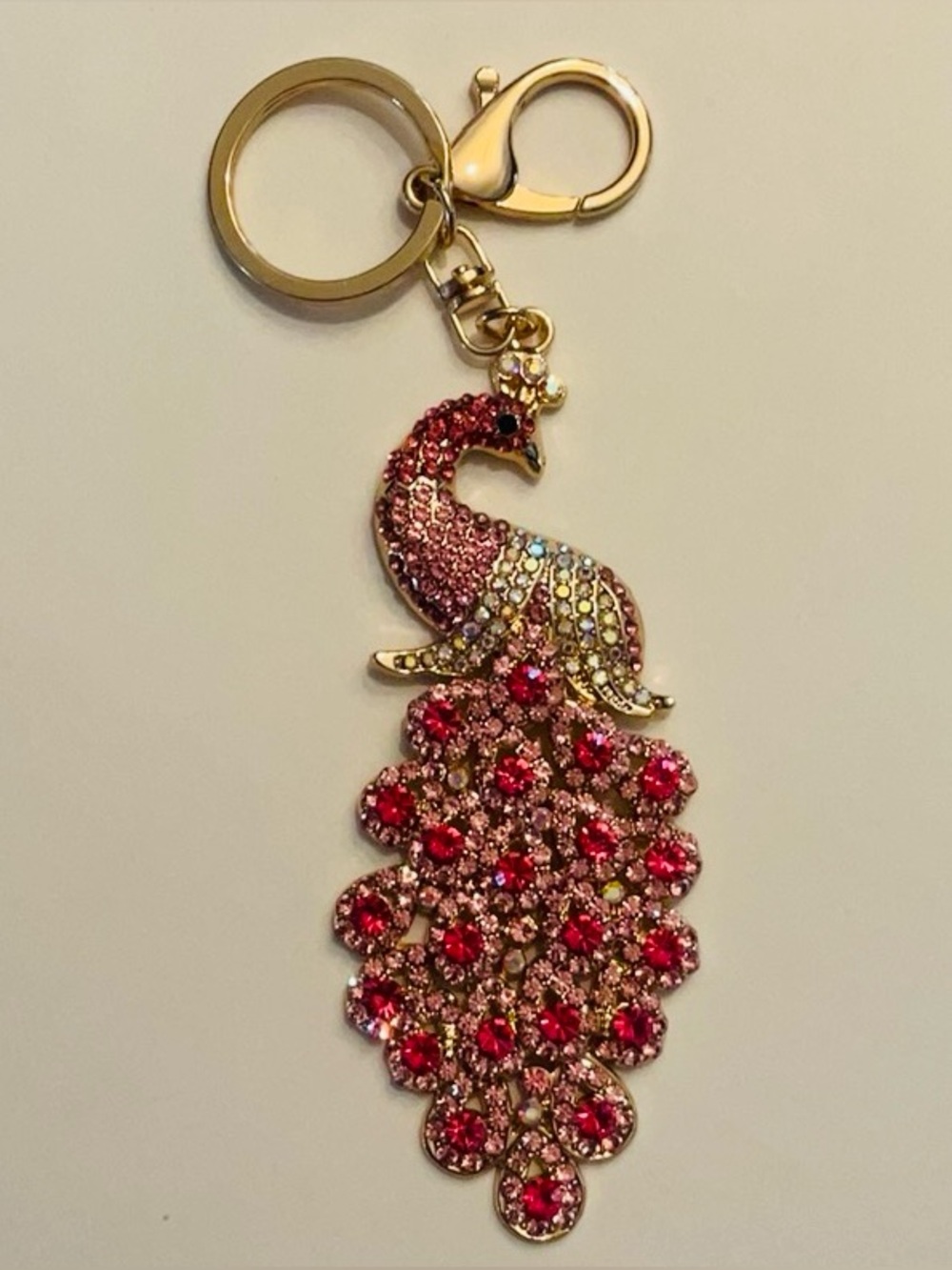 Peacock Pink Crystal Key Ring~Purse Clip. Goldtone